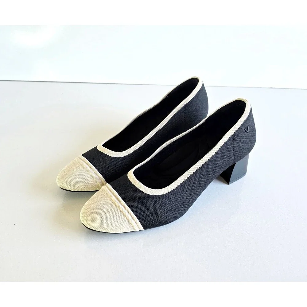 VIVAIA Julie Arch Pro Almond Toe Chunky Heels Black Ivory 40.5 9 9.5 Knit Pumps